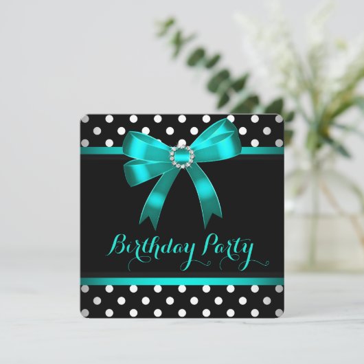 ティール（緑がかった色）ボウ白黒水玉模様バースデーパーティー 招待状 (スタンド正面)
