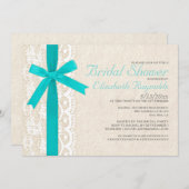 ティール（緑がかった色）ボウ&レースブライダルシャワー招待状 招待状 (正面/裏面)