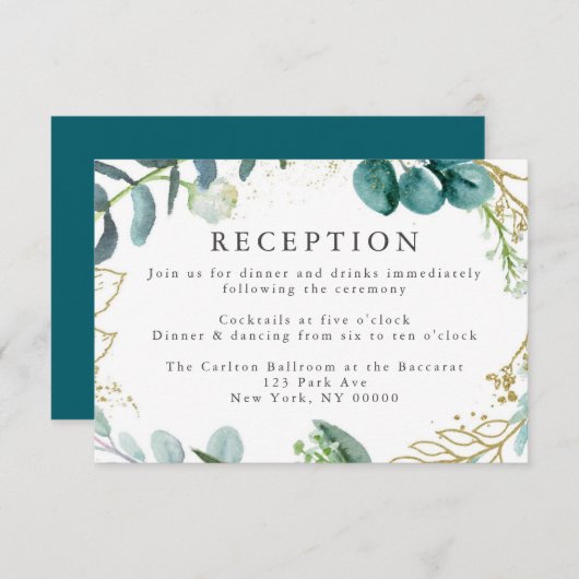 ティール（緑がかった色）ボタニカルエレガントなウェディング披露宴カード エンクロージャーカード (正面/裏面)