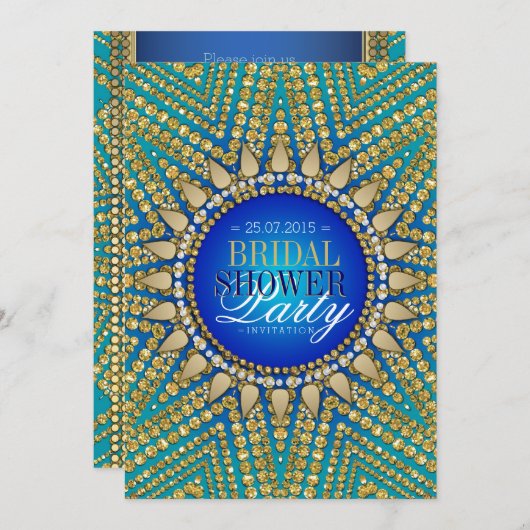 ティール(緑がかった色)ボヘミアンジュエリー金ゴールドパールブライダルシュワーラー 招待状 (正面/裏面)