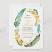 ティール（緑がかった色）ボヘミアンフローラ羽毛植物結婚薬 招待状 (正面)