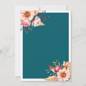 ティール（緑がかった色）ボホシック秋秋フローラ結婚 招待状 (裏面)