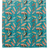 ティール(緑がかった色)ボホフェザーパターン シャワーカーテン (正面)