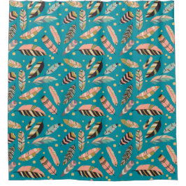 ティール（緑がかった色）ボホフェザーパターン シャワーカーテン