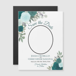 ティール（緑がかった色）ボホフローラ&フォトウェディング日付を保存 マグネット招待状