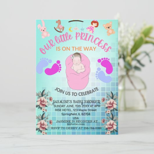 ティール(緑がかった色)ボモダンホフローラプリンセスベビーガールシャワー 招待状 (スタンド正面)