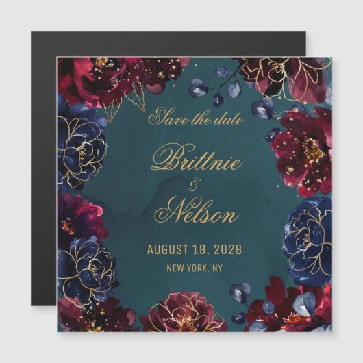 ティール(緑がかった色)ボルドーのサファイアジュエルトーン保存日 マグネット招待状 (正面/裏面)