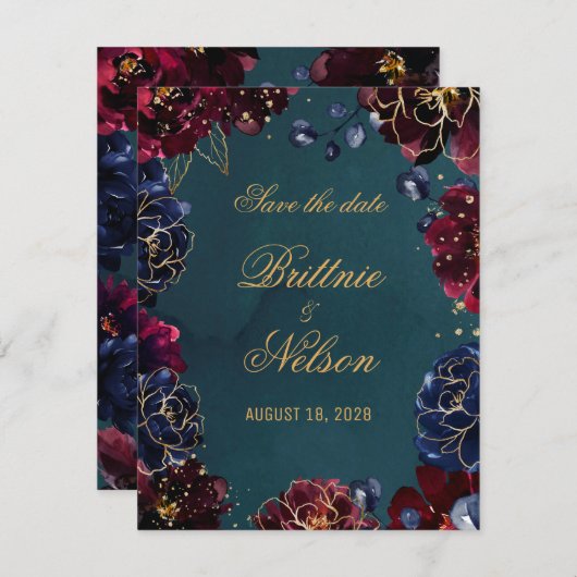 ティール(緑がかった色)ボルドーのサファイアジュエルトーン保存日 招待状 (正面/裏面)