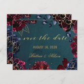 ティール（緑がかった色）ボルドーのサファイアジュエルトーン保存日 招待状 (正面/裏面)