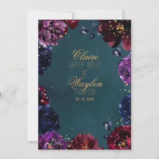 ティール（緑がかった色）ボルドーアメジストジュエルトー結婚ン金ゴールド 招待状 (裏面)