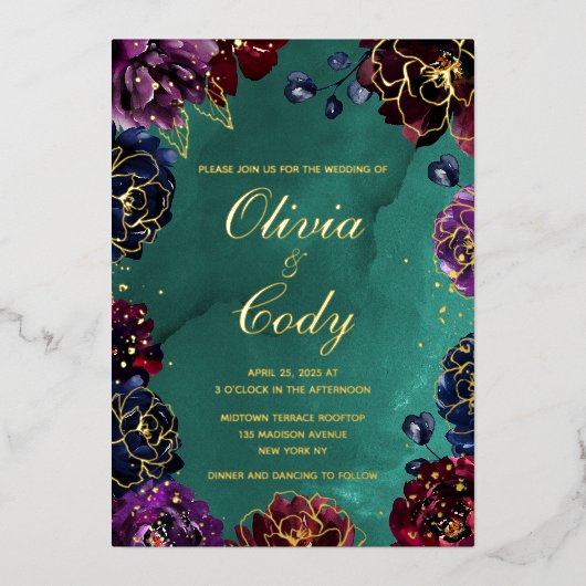 ティール（緑がかった色）ボルドーアメジストジュエルトー結婚ン金ゴールド 箔招待状 (正面)