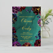 ティール（緑がかった色）ボルドーアメジストジュエルトー結婚ン金ゴールド 箔招待状 (立ち正面)