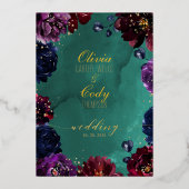 ティール（緑がかった色）ボルドーアメジストジュエルトー結婚ン金ゴールド 箔招待状 (裏面)