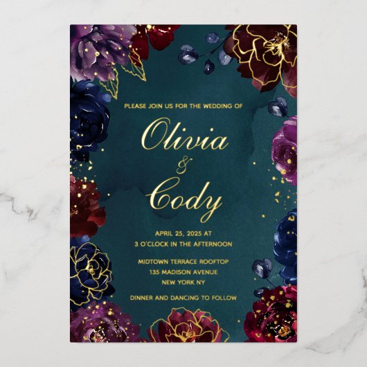 ティール(緑がかった色)ボルドーアメジストジュエルトー結婚ン金ゴールド 箔招待状 (正面)