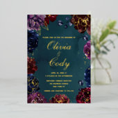 ティール(緑がかった色)ボルドーアメジストジュエルトー結婚ン金ゴールド 箔招待状 (立ち正面)