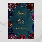 ティール(緑がかった色)ボルドーアメジストジュエルトー結婚ン金ゴールド 箔招待状 (裏面)