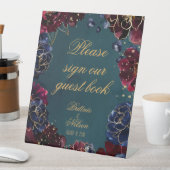 ティール(緑がかった色)ボルドーサファイアジュエルトーンゲストブック 台座サイン (インサイチュ)