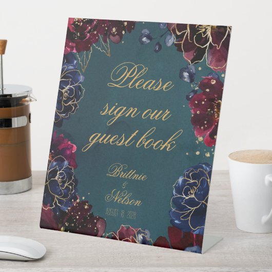 ティール（緑がかった色）ボルドーサファイアジュエルトーンゲストブック 台座サイン (インサイチュ)