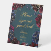 ティール(緑がかった色)ボルドーサファイアジュエルトーンゲストブック 台座サイン (正面)