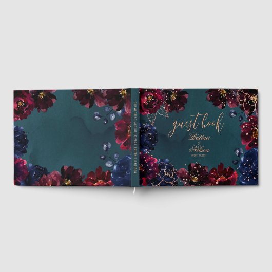 ティール（緑がかった色）ボルドーサファイアジュエルトーンバラ金ゴールド ゲストブック (全面)
