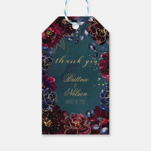 ティール（緑がかった色）ボルドーサファイアジュエルトーン結婚ズ ギフトタグ (正面)