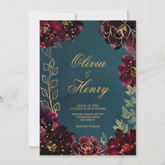 ティール（緑がかった色）ボルドージュエルトーン結婚式招待状 招待状 (正面)