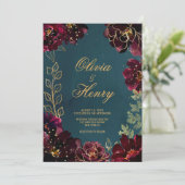 ティール（緑がかった色）ボルドージュエルトーン結婚式招待状 招待状 (スタンド正面)