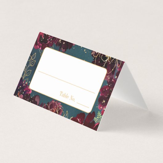 ティール(緑がかった色)ボルドージュエル結婚トーンズゲスト座席表 名刺 (正面)