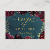 ティール（緑がかった色）ボルドー宝石トーンウェディングRSVPオンラインカード 名刺 (正面)