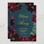 ティール(緑がかった色)ボルドー宝石トーンシンプルバージョン 招待状 (正面/裏面)