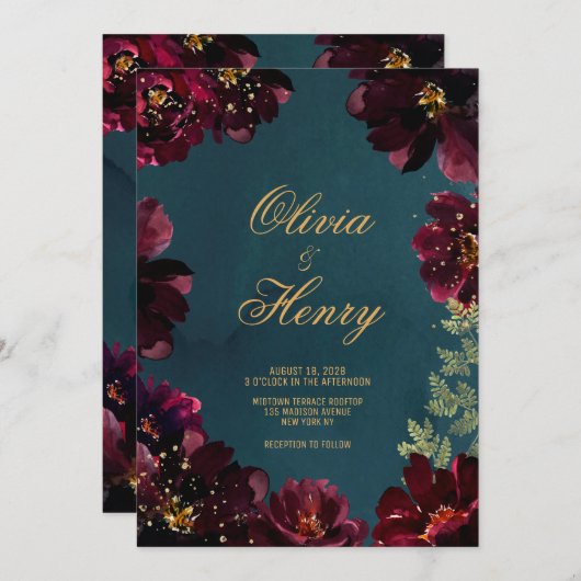 ティール(緑がかった色)ボルドー宝石トーンシンプルバージョン 招待状 (正面/裏面)