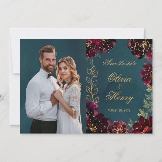 ティール（緑がかった色）ボルドー宝石トーン写真保存日付2 招待状 (正面)