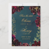 ティール(緑がかった色)ボルドー宝石トーン写真保存日付3 招待状 (正面)