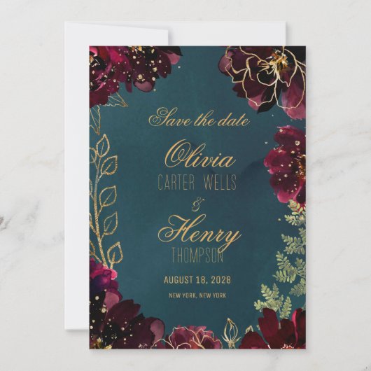 ティール（緑がかった色）ボルドー宝石トーン写真保存日付3 招待状 (正面)