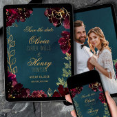 ティール（緑がかった色）ボルドー宝石トーン写真保存日付3 招待状