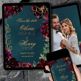 ティール(緑がかった色)ボルドー宝石トーン写真保存日付3 招待状