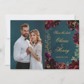 ティール(緑がかった色)ボルドー宝石トーン写真保存日付 招待状 (正面)