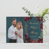 ティール(緑がかった色)ボルドー宝石トーン写真保存日付 招待状 (スタンド正面)