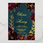 ティール(緑がかった色)ボルドー宝石トーン結婚の名前の金ゴールド 箔招待状 (正面)