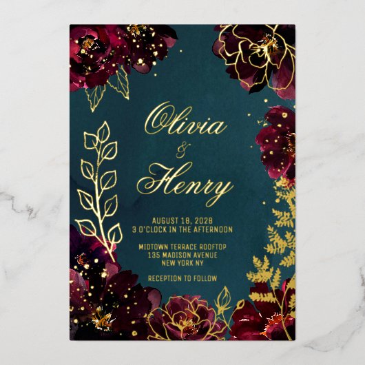 ティール（緑がかった色）ボルドー宝石トーン結婚の名前の金ゴールド 箔招待状 (正面)
