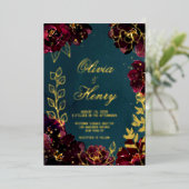 ティール(緑がかった色)ボルドー宝石トーン結婚の名前の金ゴールド 箔招待状 (立ち正面)