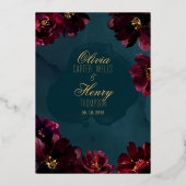 ティール(緑がかった色)ボルドー宝石トーン結婚の名前の金ゴールド 箔招待状 (裏面)