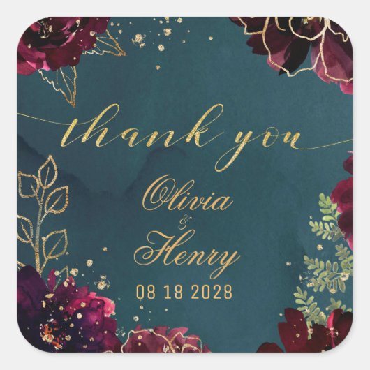 ティール（緑がかった色）ボルドー宝石トーン結婚の感謝の気持ち2 スクエアシール (正面)