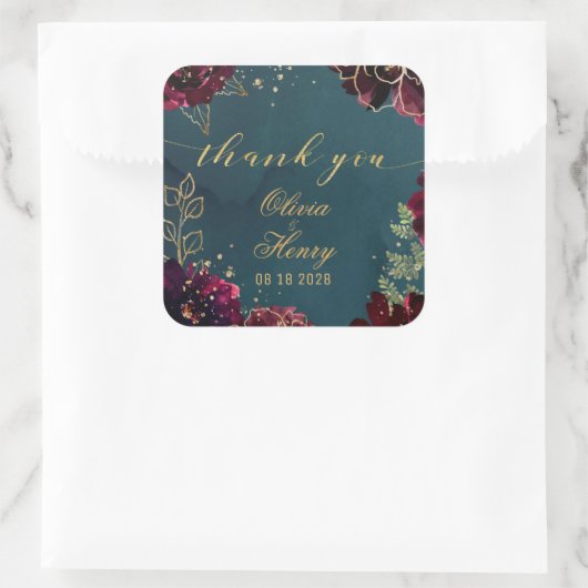 ティール（緑がかった色）ボルドー宝石トーン結婚の感謝の気持ち2 スクエアシール (バッグ)