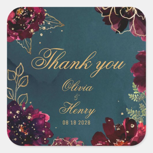 ティール(緑がかった色)ボルドー宝石トーン結婚ズありがとう スクエアシール (正面)