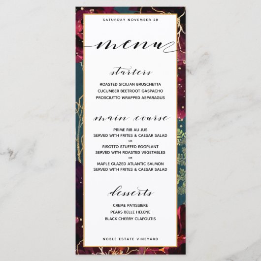 ティール(緑がかった色)ボルドー宝石トーン結婚ズ メニュー (正面)