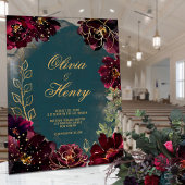 ティール(緑がかった色)ボルドー宝石トーン金ゴールドスクリプ結婚ト アクリル招待状