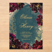 ティール(緑がかった色)ボルドー宝石トーン金ゴールドスクリプ結婚ト アクリル招待状 (正面)
