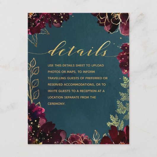 ティール(緑がかった色)ボルドー宝石トー結婚ンの詳細シート エンクロージャーカード (正面)