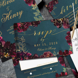 ティール(緑がかった色)ボルドー宝石ト結婚ーンの食事の選択 出欠カード